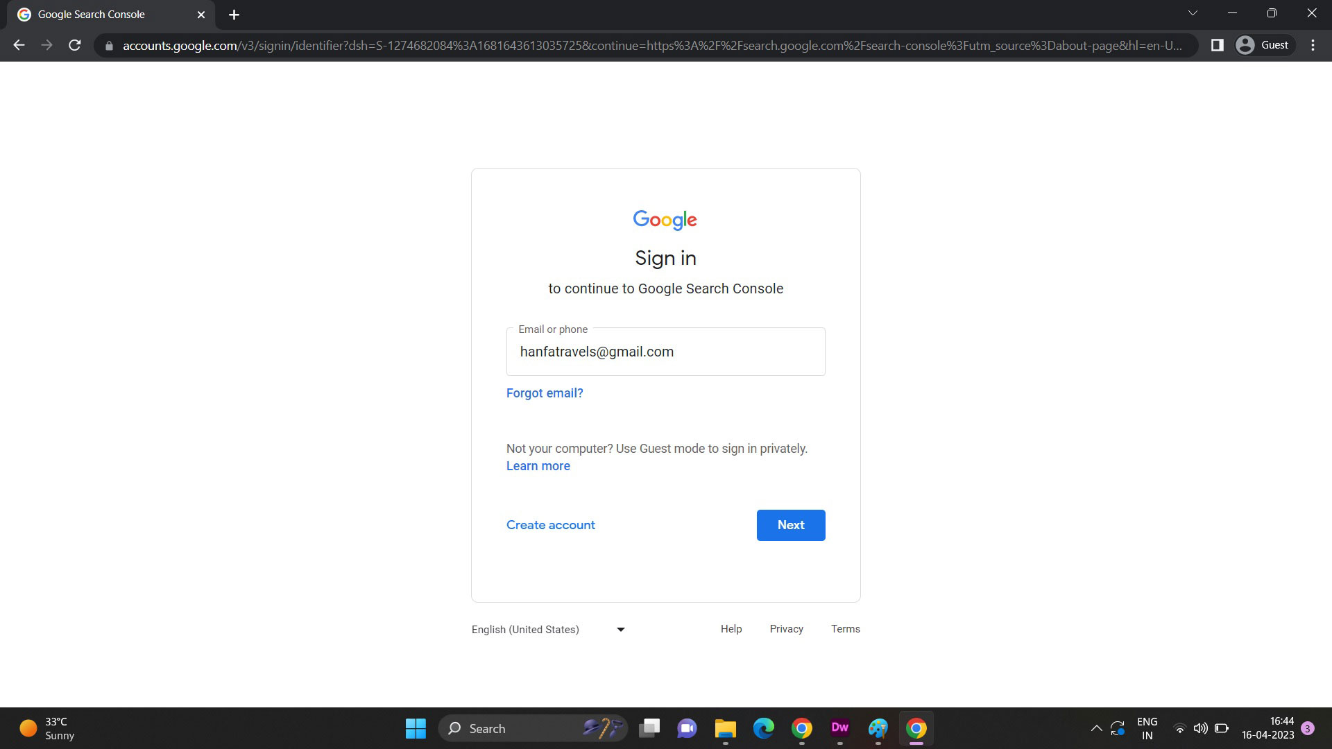 Google Search Console Login Page